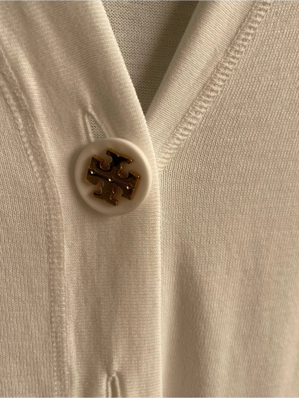 Tory Burch Simone V-Neck Cardigan Gold Logo Buttons Size S White Clean Girl
